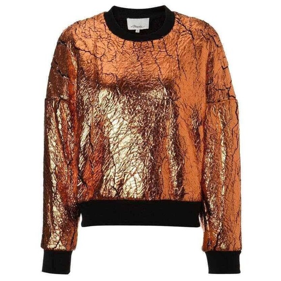 3.1 Phillip Lim Crackled Metallic Copper Cropped Sweatshirt Gold Long Sl… - Picture 1 of 10